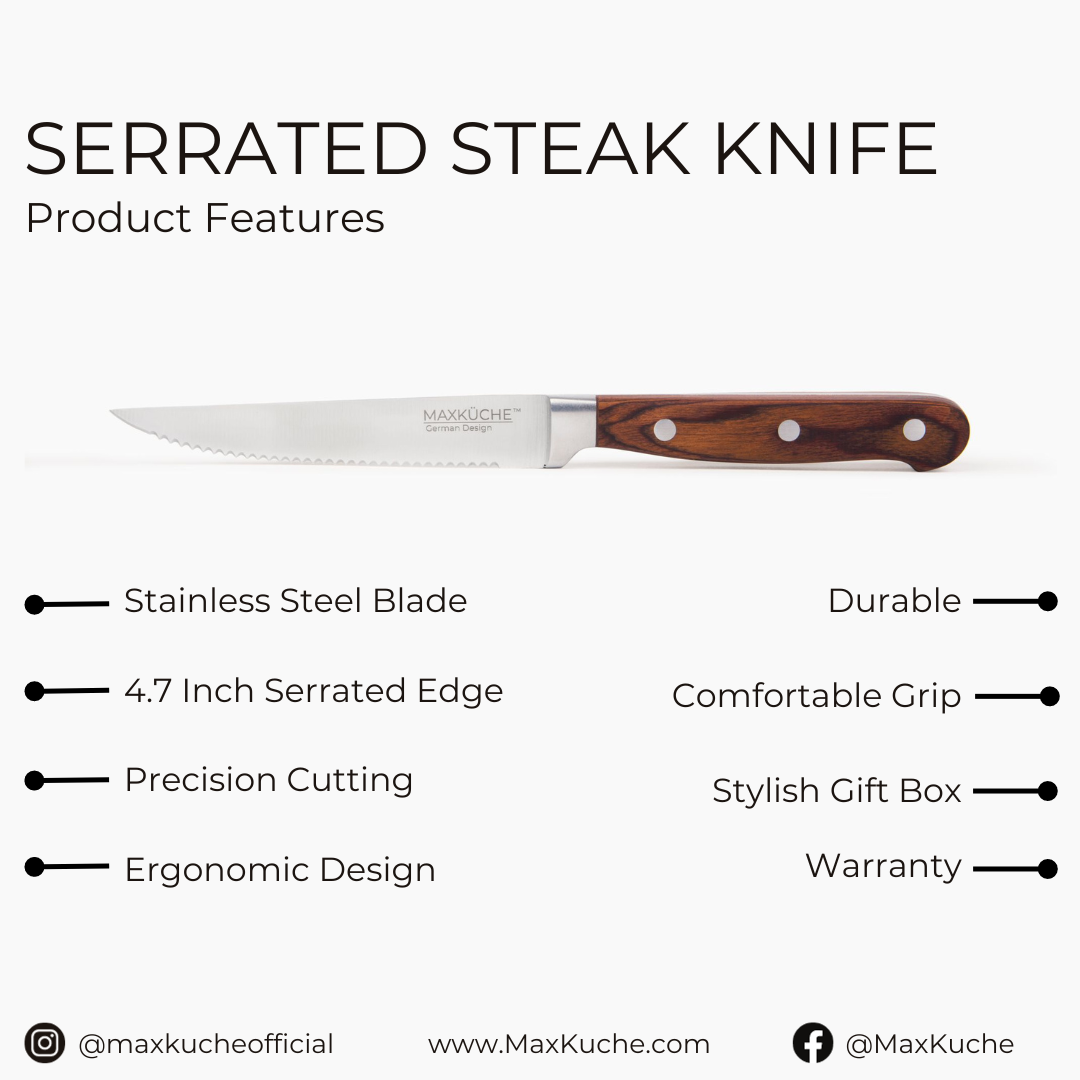Master Maison 8-Piece 4.5 Premium Steak Knife Set | 8 German Stainless Steel Non Serrated Steak Knives + Kitchen Storage Gift Box | Anti-Fatigue